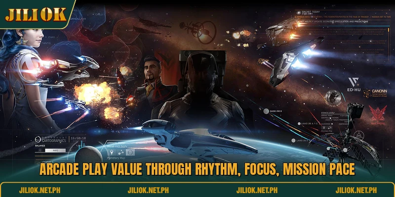Arcade play value through rhythm, focus, mission pace